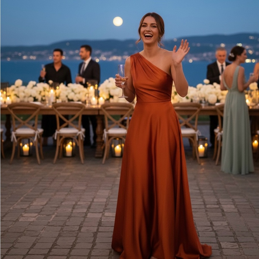 David’s Bridal one shoulder satin a-line long bridesmaid dress

STYLE# F20135